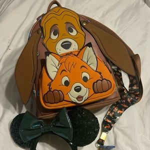 Loungefly Fox & Hound Mini Backpack with Matching Lanyard & Disney Parks Ears